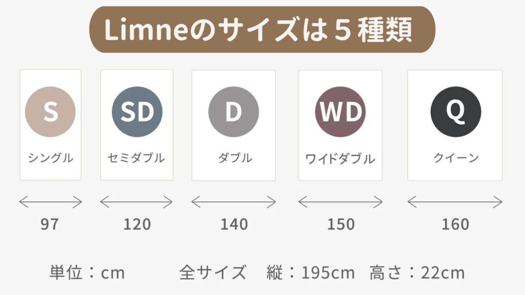 Limneマットレスのサイズは5種類